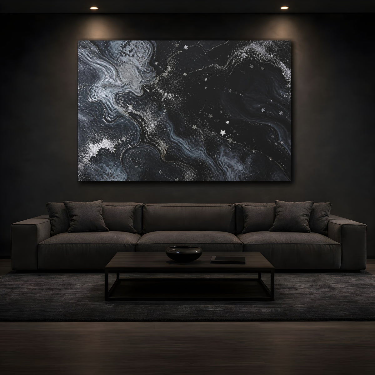 Mockup 3. Abstract Silver Star Swirl shown as canvas print