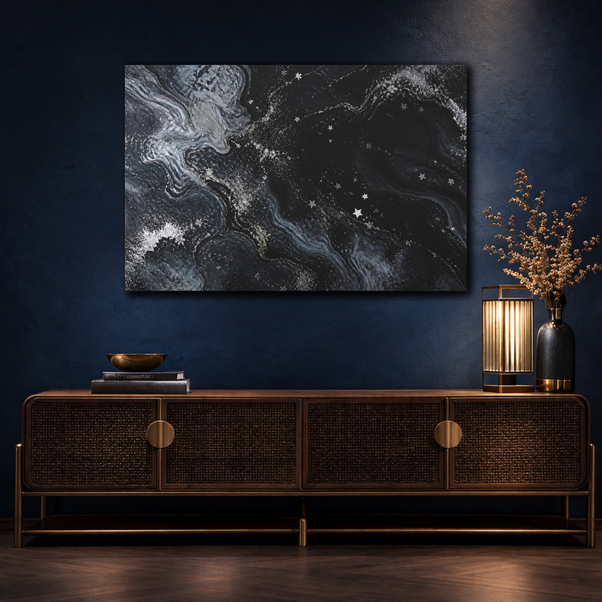 Mockup 4. Abstract Silver Star Swirl shown as canvas print