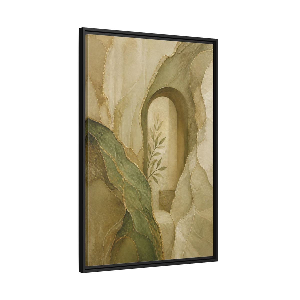 Side Mockup 13. Abstract Stone Arch With Olive Branch shown as framed canvas print