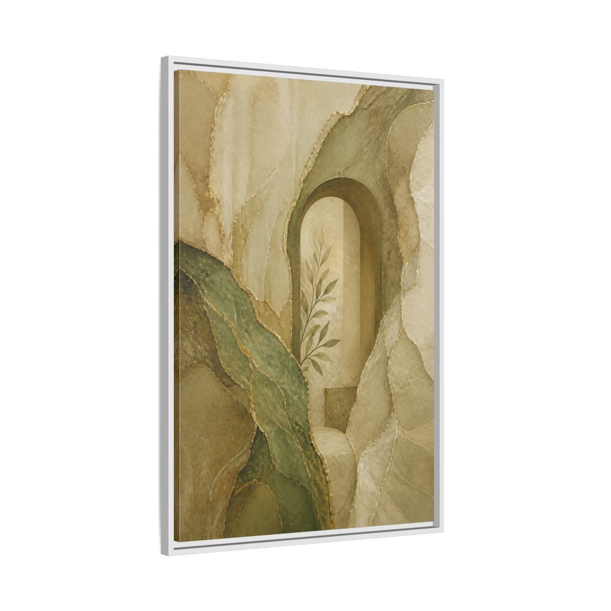 Side Mockup 9. Abstract Stone Arch With Olive Branch shown as framed canvas print
