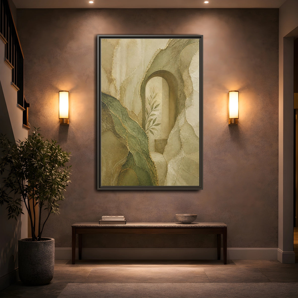 Mockup 2. Abstract Stone Arch With Olive Branch shown as framed canvas print