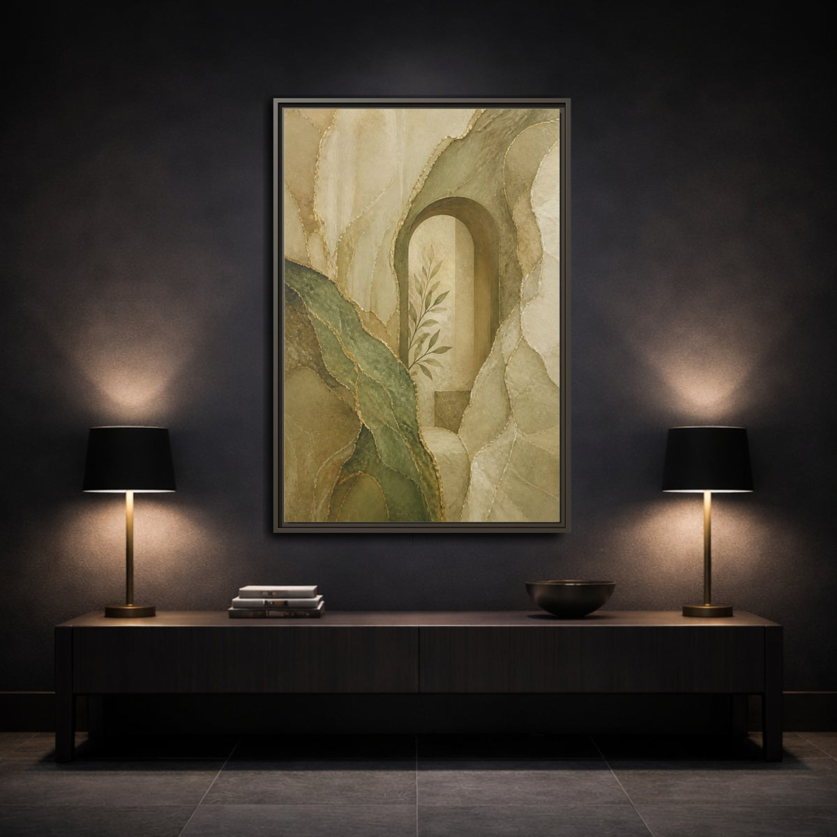 Mockup 3. Abstract Stone Arch With Olive Branch shown as framed canvas print
