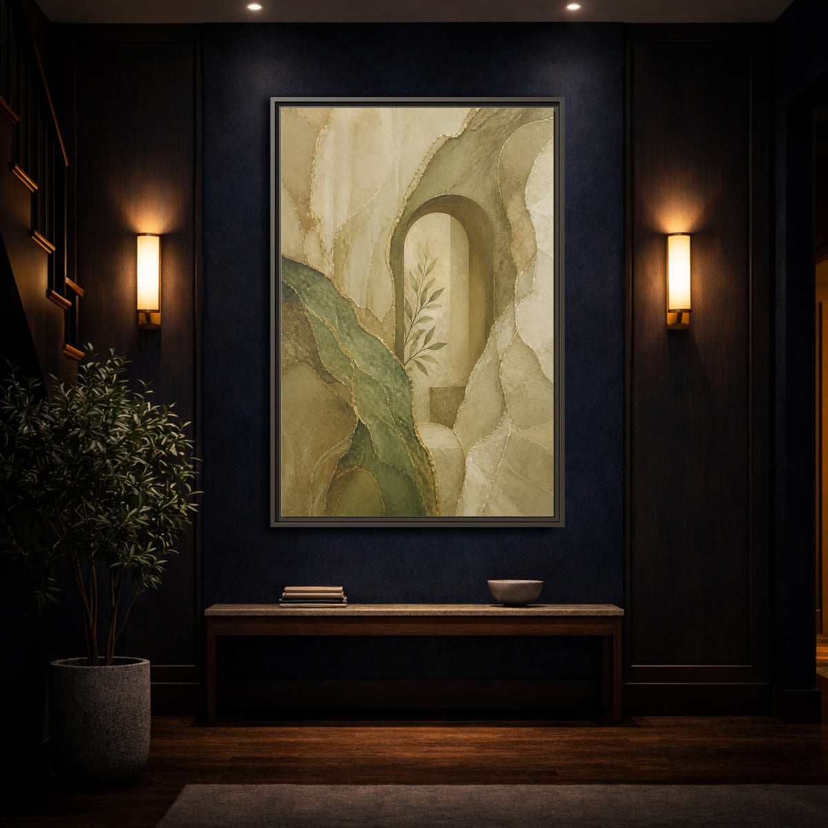 Mockup 4. Abstract Stone Arch With Olive Branch shown as framed canvas print