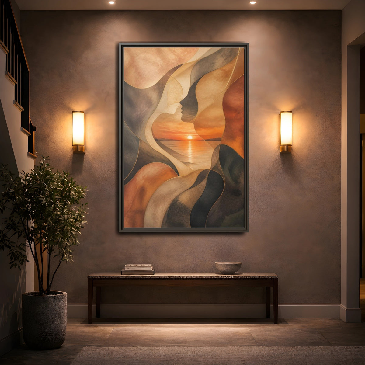 Mockup 2. Abstract Sunset Faces shown as framed canvas print