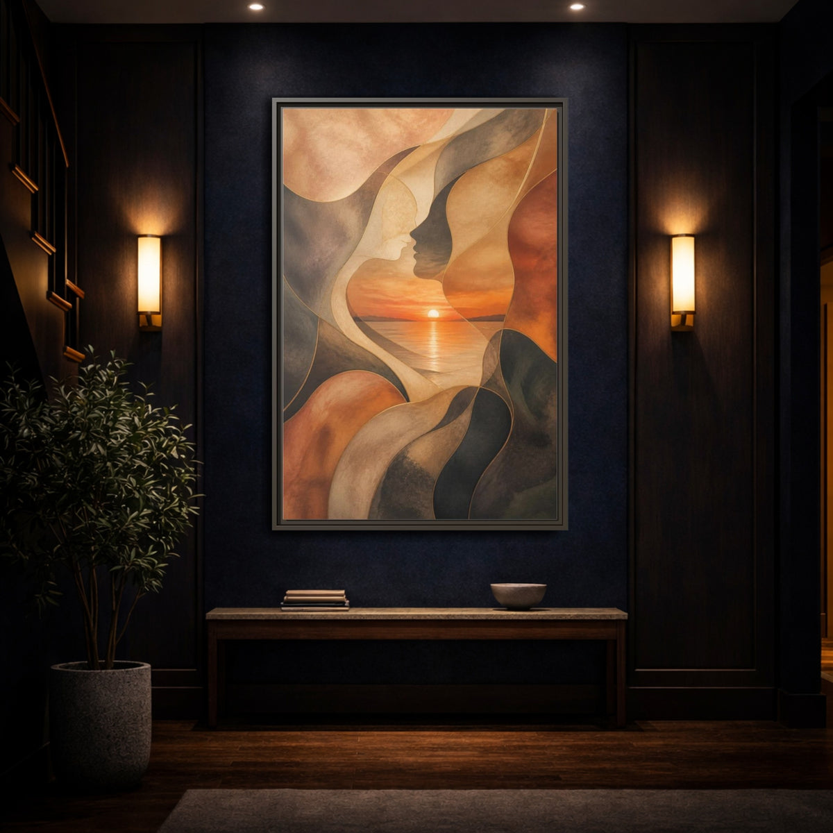 Mockup 4. Abstract Sunset Faces shown as framed canvas print