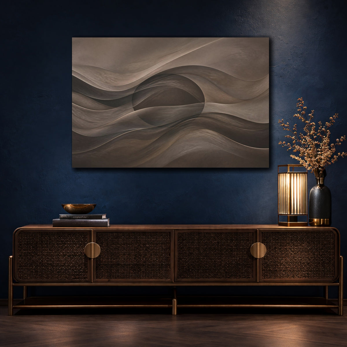 Mockup 4. Abstract Taupe Oval Waves shown as canvas print