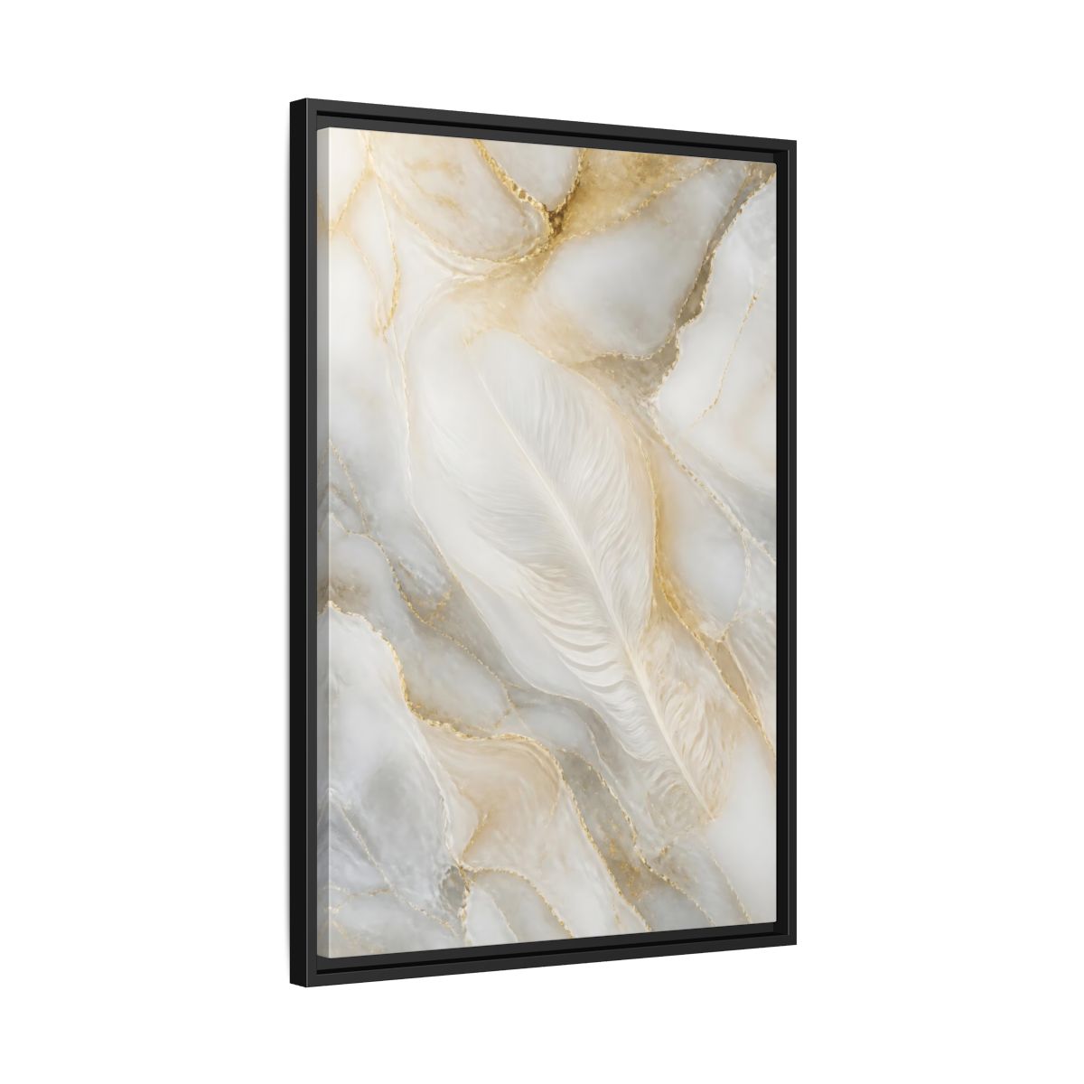 Side Mockup 14. Abstract White Feather Marble shown as framed canvas print