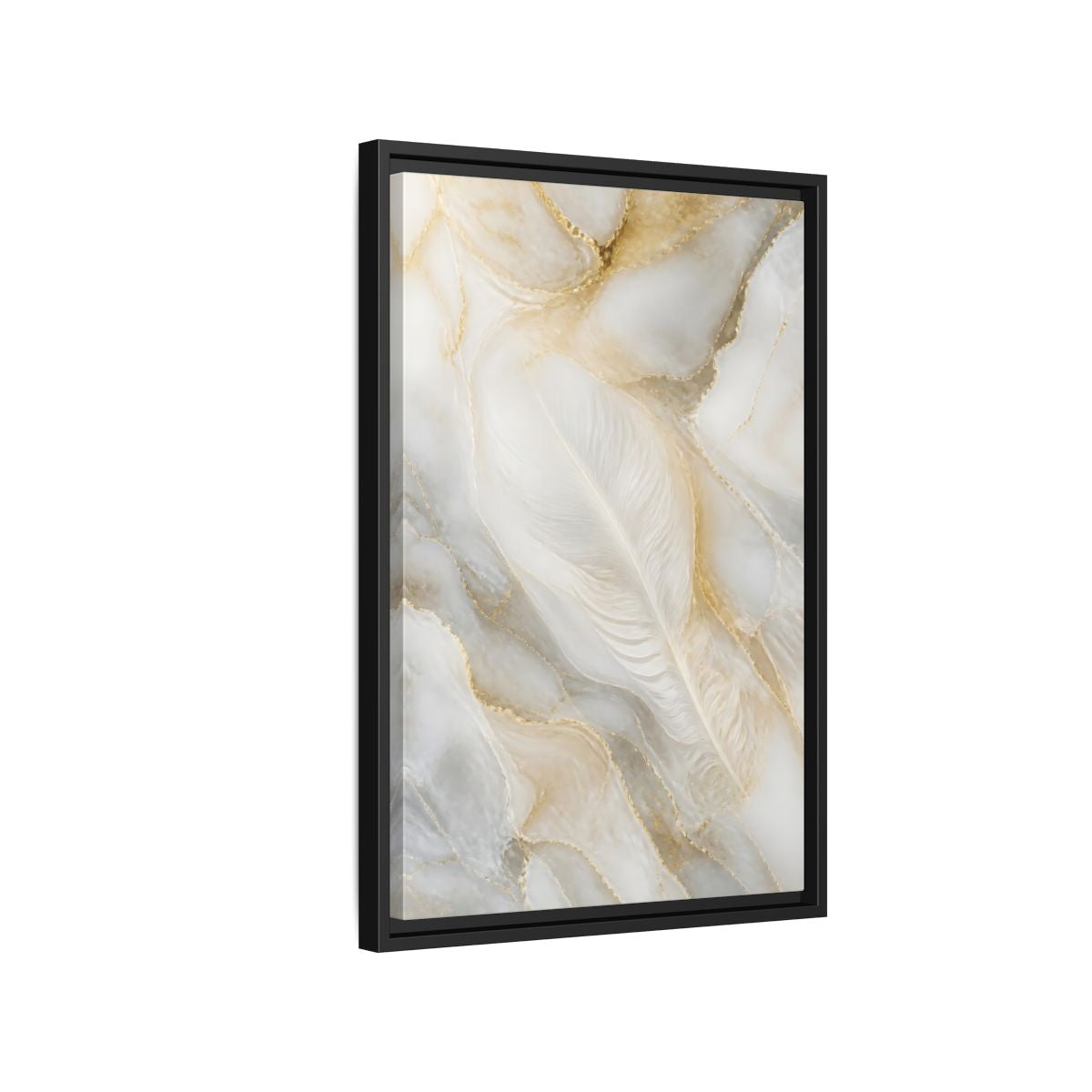 Side Mockup 3. Abstract White Feather Marble shown as framed canvas print