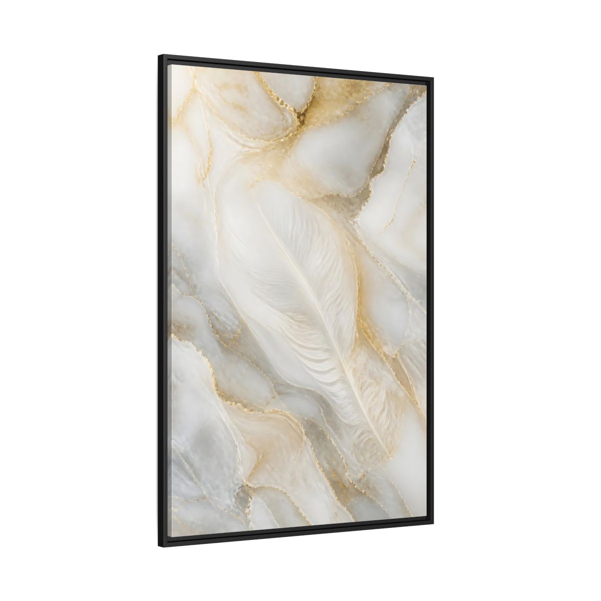 Side Mockup 12. Abstract White Feather Marble shown as framed canvas print