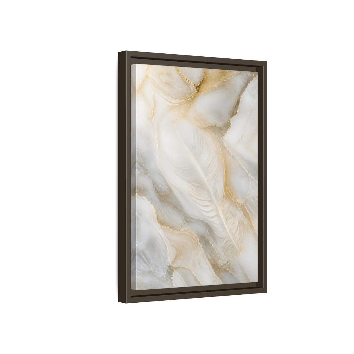 Side Mockup 5. Abstract White Feather Marble shown as framed canvas print