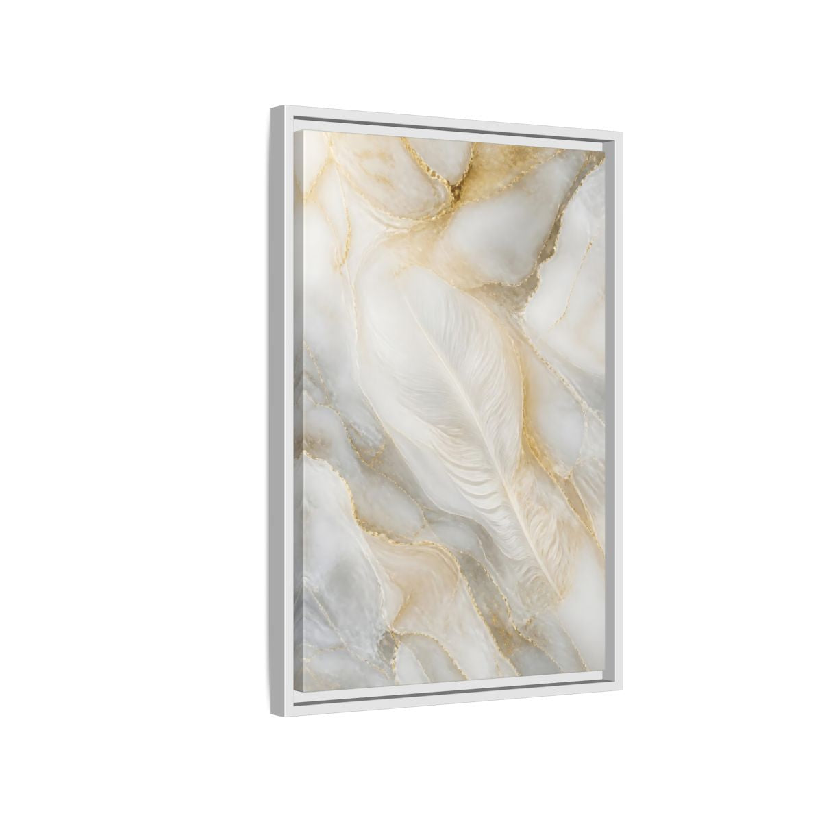 Side Mockup 1. Abstract White Feather Marble shown as framed canvas print