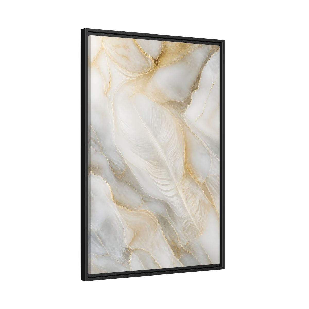 Side Mockup 13. Abstract White Feather Marble shown as framed canvas print