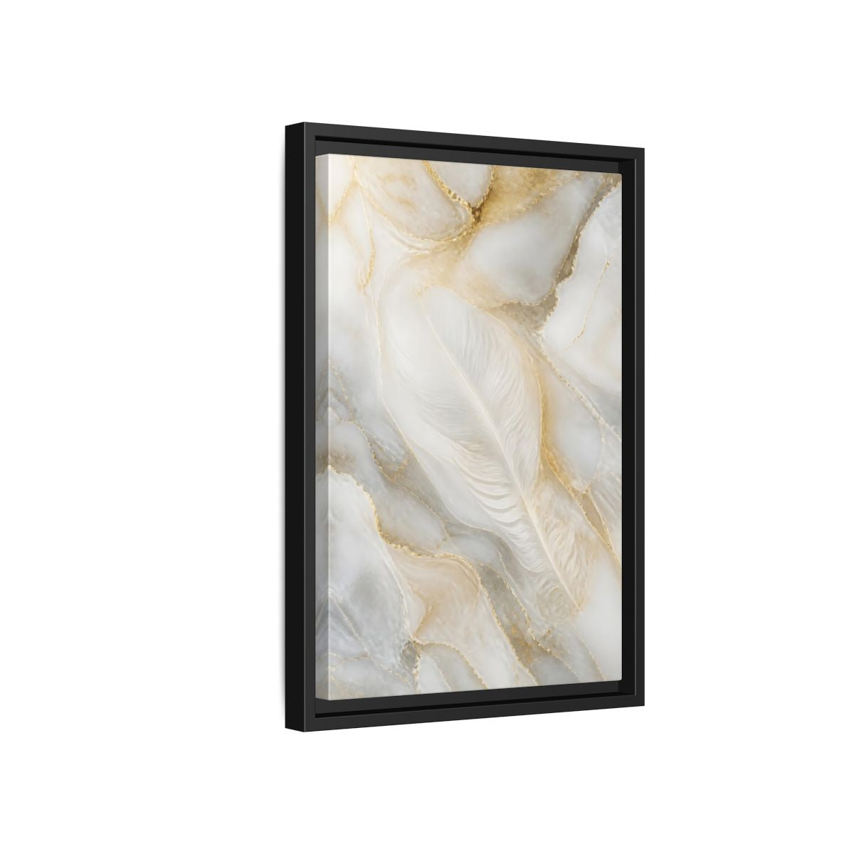 Side Mockup 6. Abstract White Feather Marble shown as framed canvas print