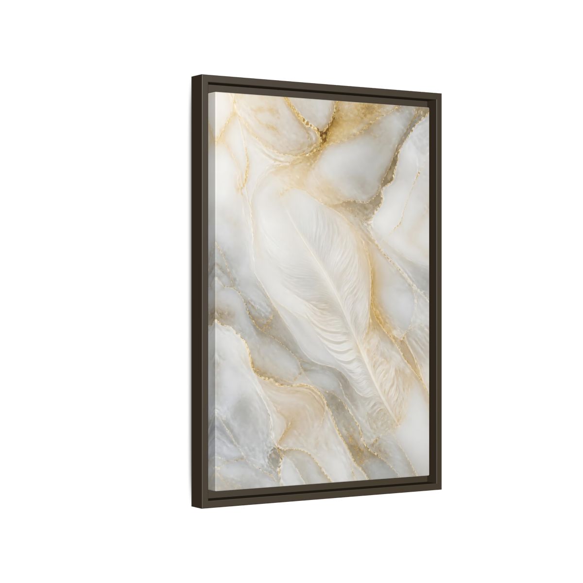 Side Mockup 2. Abstract White Feather Marble shown as framed canvas print