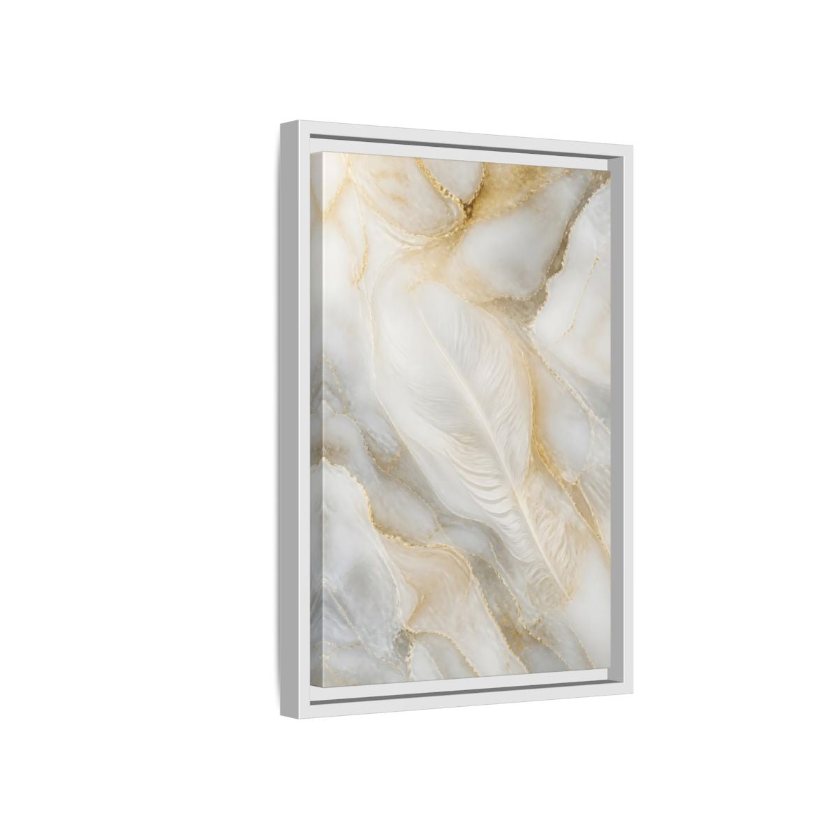 Side Mockup 4. Abstract White Feather Marble shown as framed canvas print