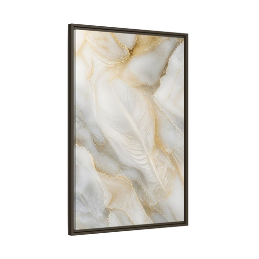 Main Mockup. Abstract White Feather Marble shown as framed canvas print