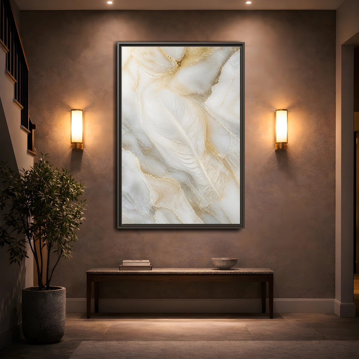Mockup 2. Abstract White Feather Marble shown as framed canvas print