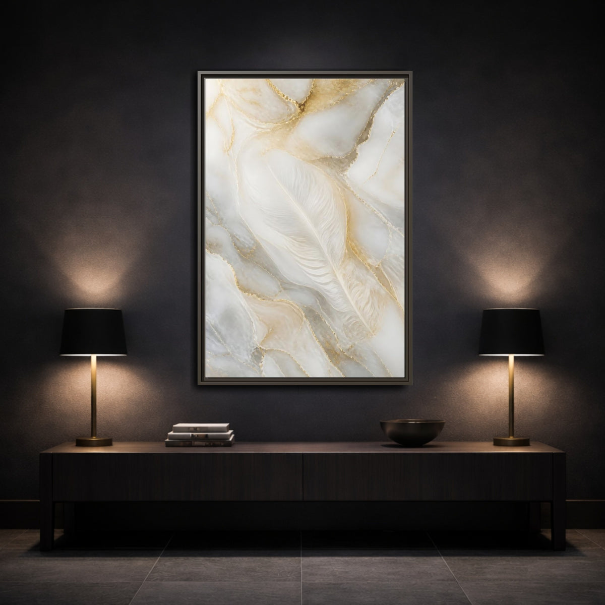 Mockup 3. Abstract White Feather Marble shown as framed canvas print