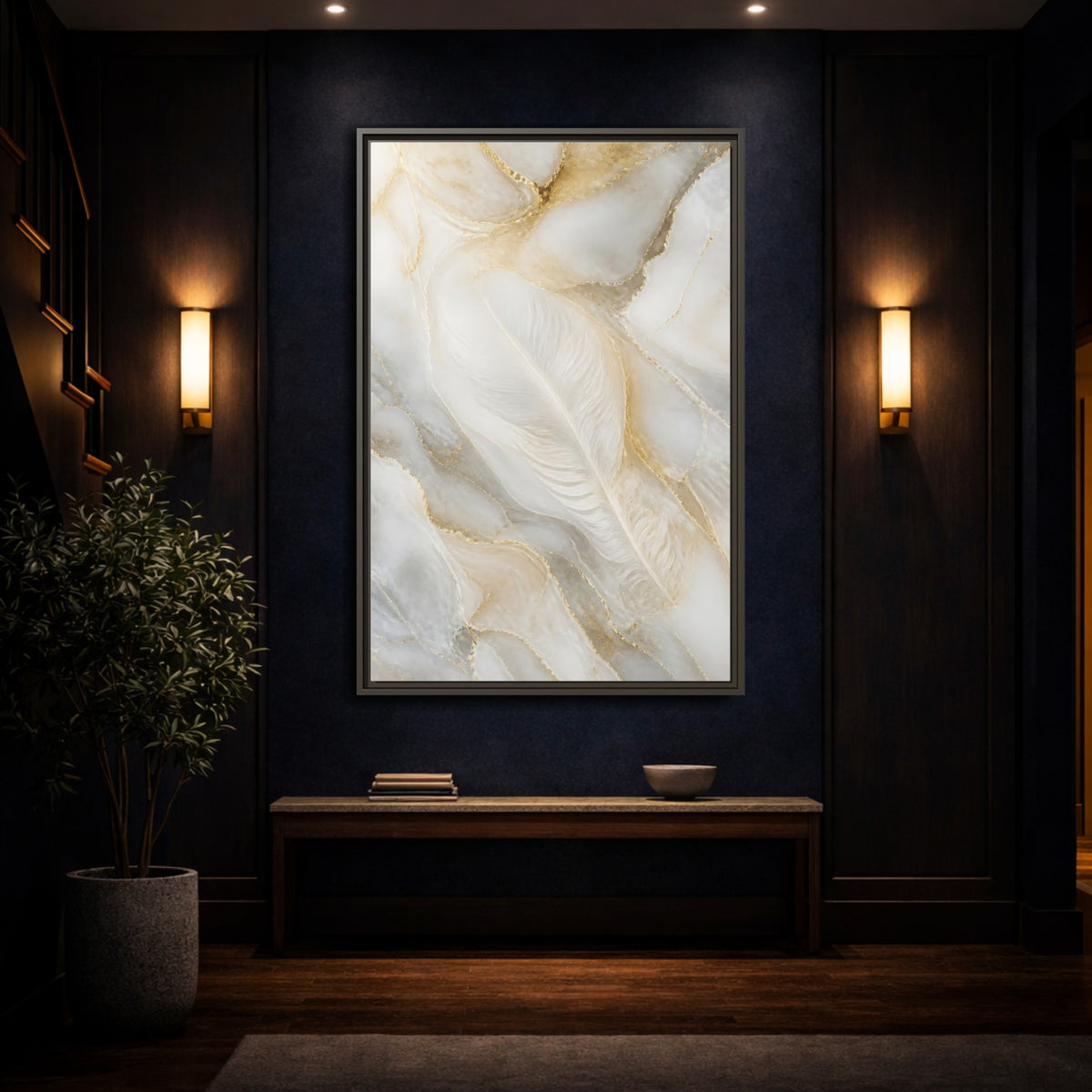 Mockup 4. Abstract White Feather Marble shown as framed canvas print