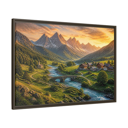 Main Mockup. Alpine Landscape At Sunrise shown as framed canvas print