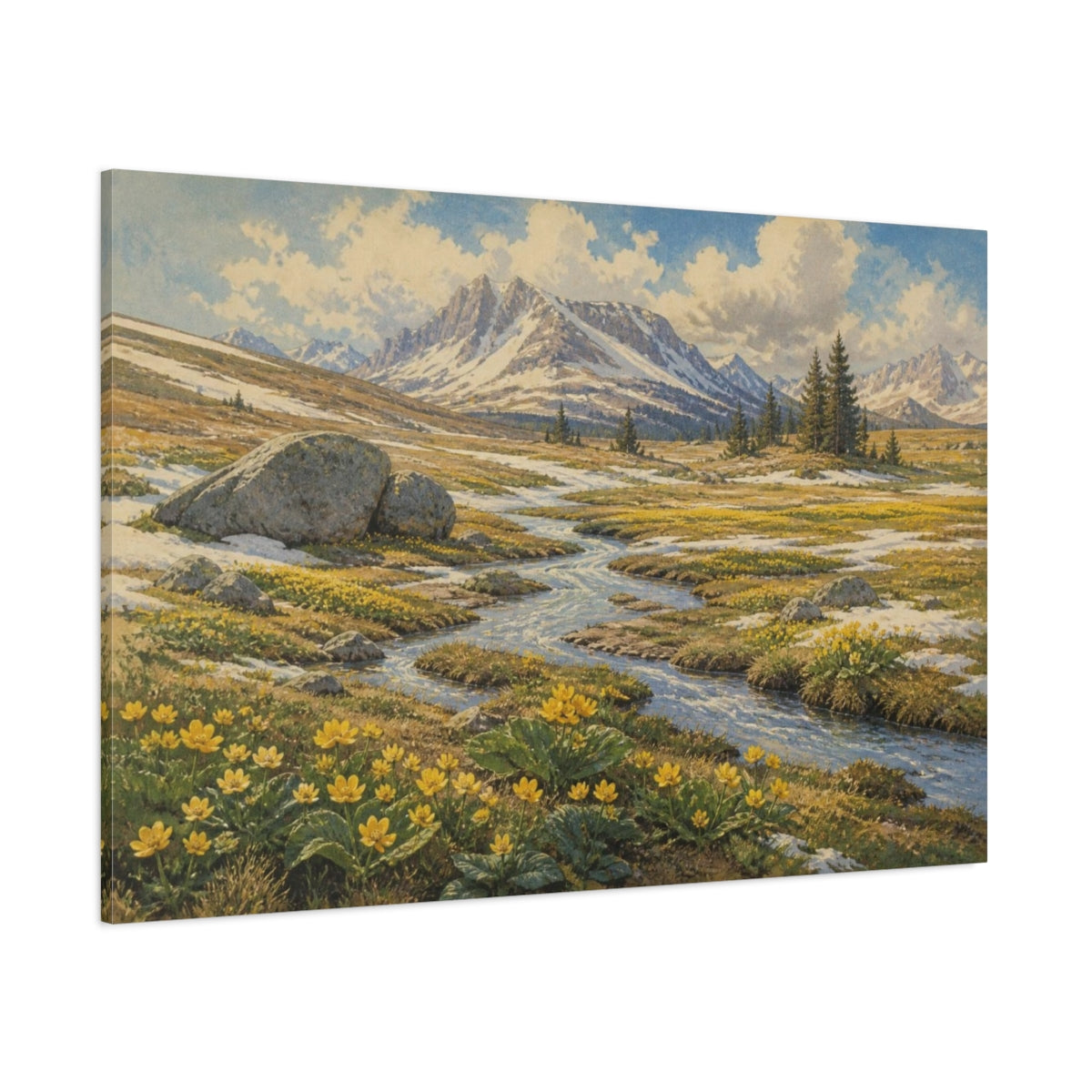 Side Mockup 1. Alpine Meadow Landscape shown as canvas print