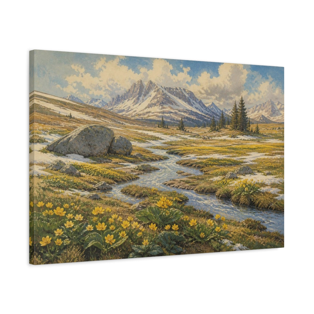 Side Mockup 2. Alpine Meadow Landscape shown as canvas print