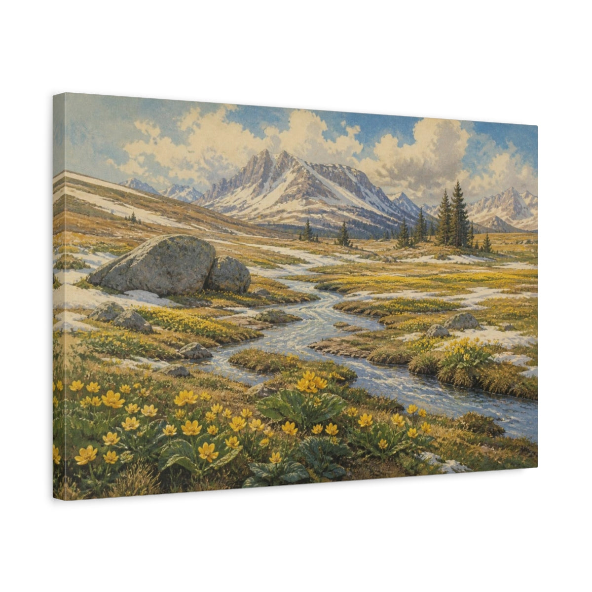 Side Mockup 3. Alpine Meadow Landscape shown as canvas print