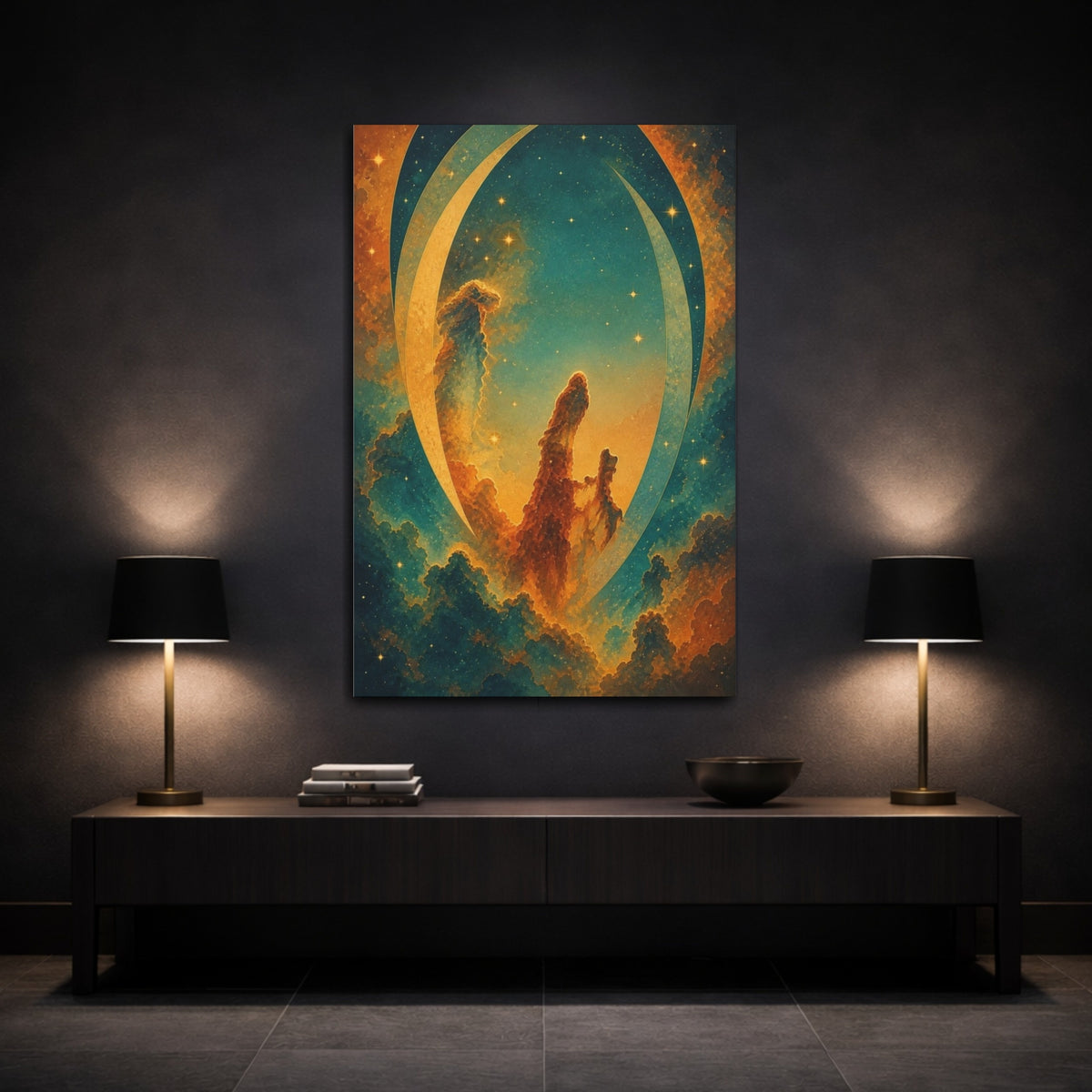Mockup 3. Amber Nebula Pillars shown as canvas print