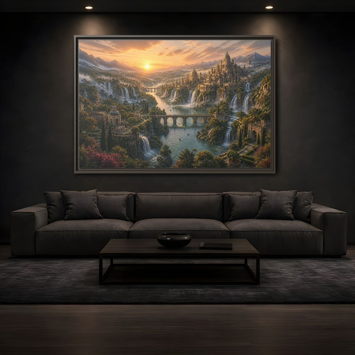 Mockup 3. Ancient City Landscape shown as framed canvas print