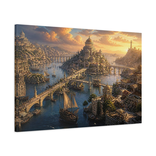 Main Mockup. Ancient Harbor At Sunset shown as canvas print