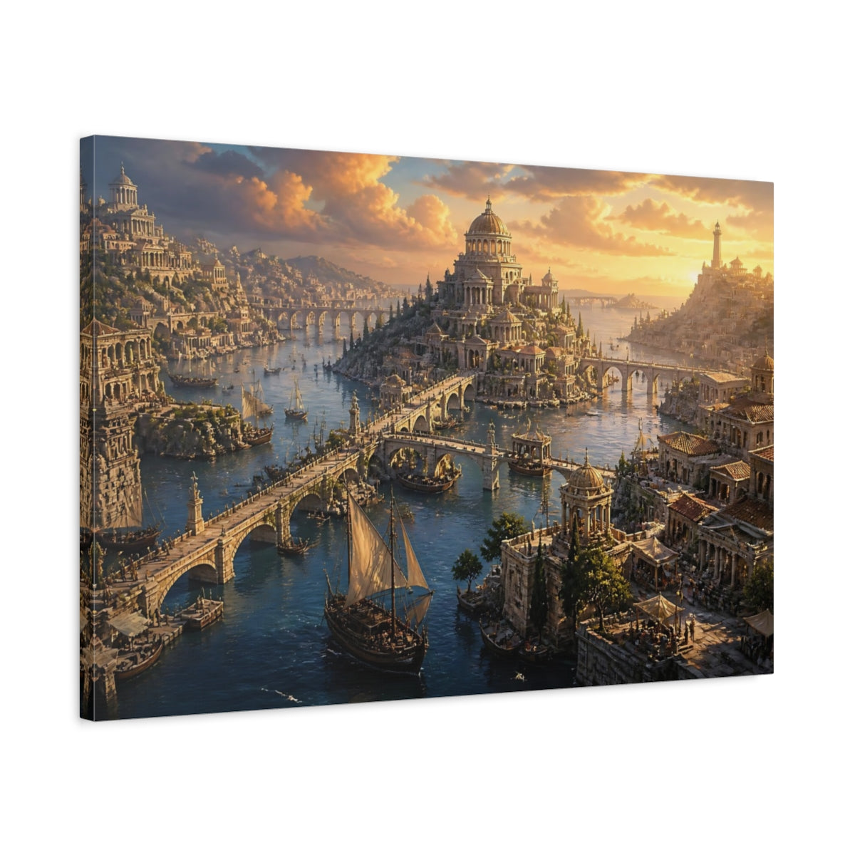 Side Mockup 2. Ancient Harbor At Sunset shown as canvas print