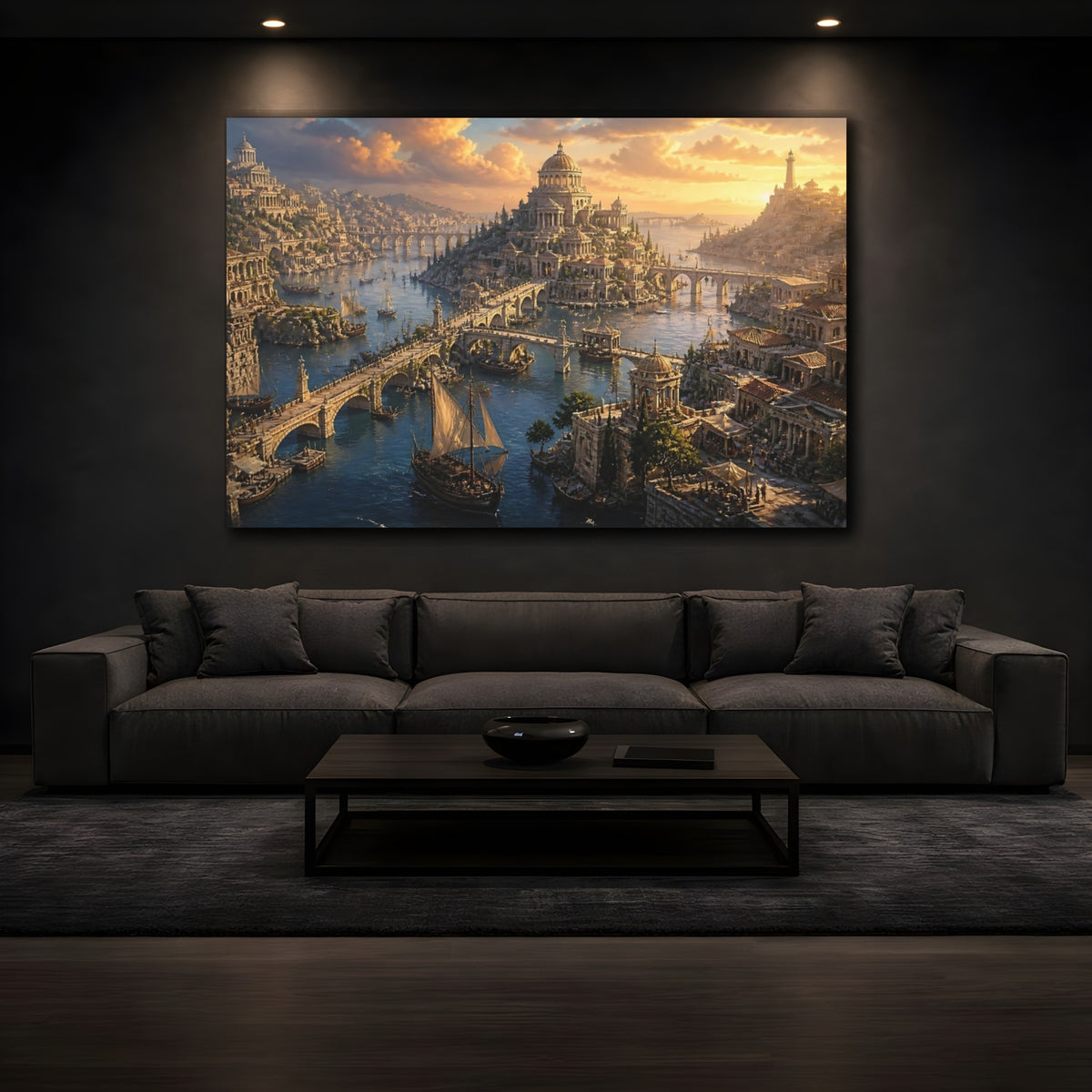 Mockup 3. Ancient Harbor At Sunset shown as canvas print