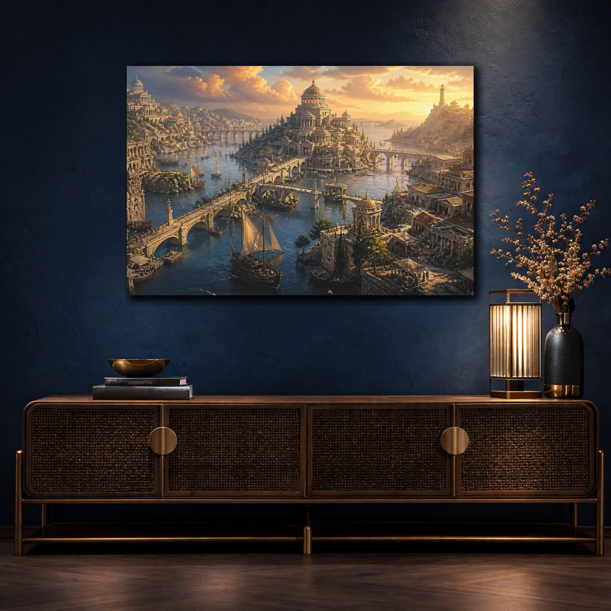 Mockup 4. Ancient Harbor At Sunset shown as canvas print