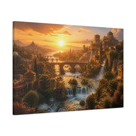 Main Mockup. Ancient Riverside Landscape shown as canvas print