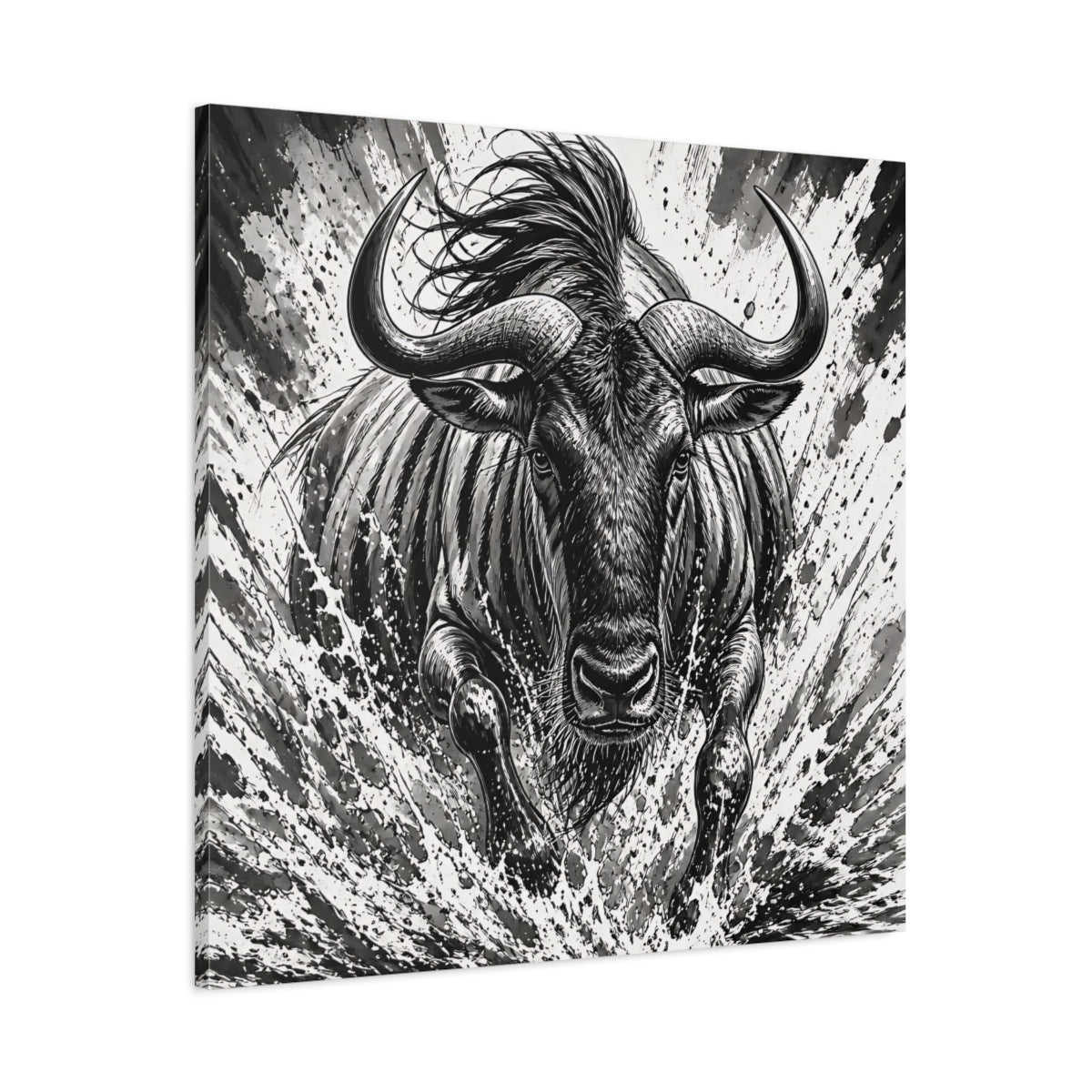 Main Mockup. Animal Charging Wildebeest shown as canvas print