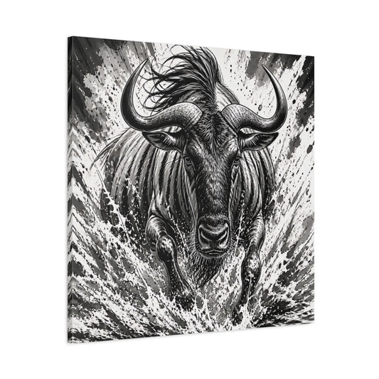 Main Mockup. Animal Charging Wildebeest shown as canvas print