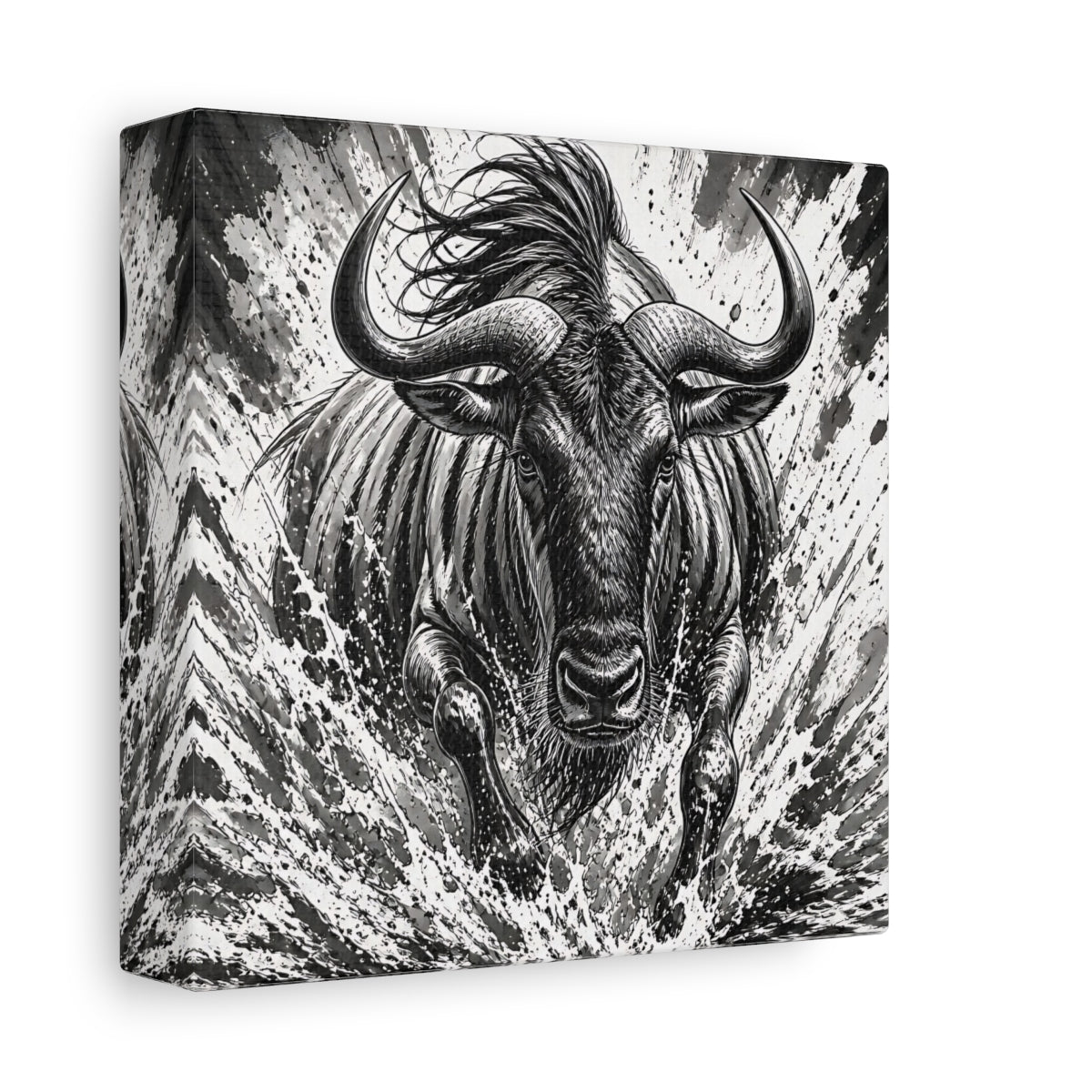 Side Mockup 2. Animal Charging Wildebeest shown as canvas print