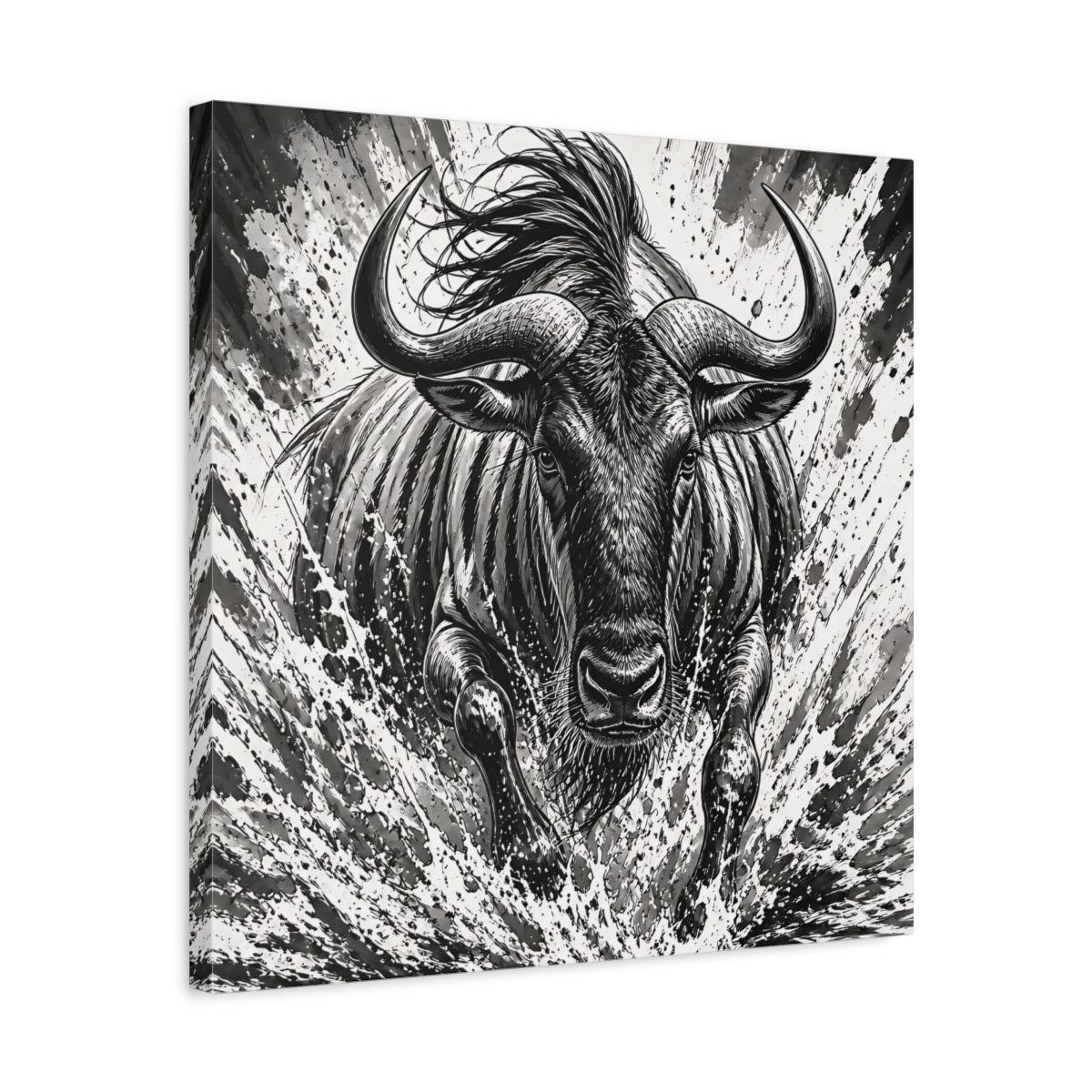 Side Mockup 5. Animal Charging Wildebeest shown as canvas print