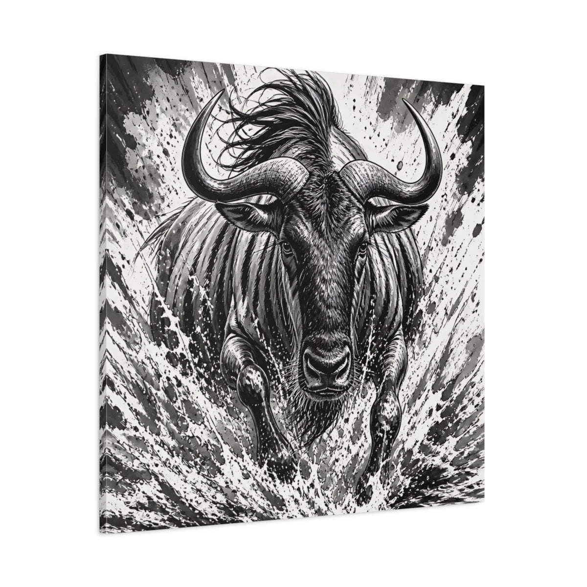 Side Mockup 1. Animal Charging Wildebeest shown as canvas print