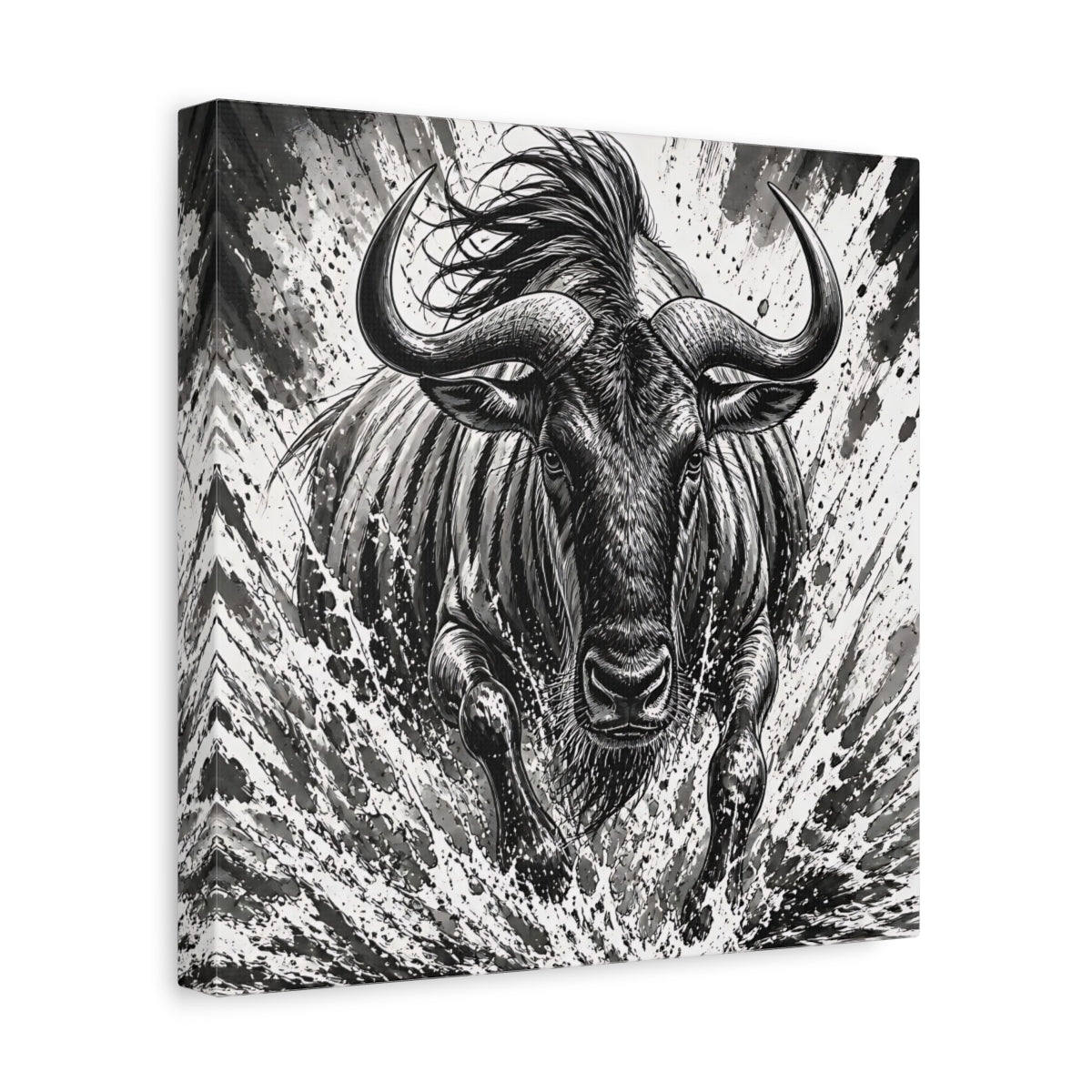 Side Mockup 8. Animal Charging Wildebeest shown as canvas print
