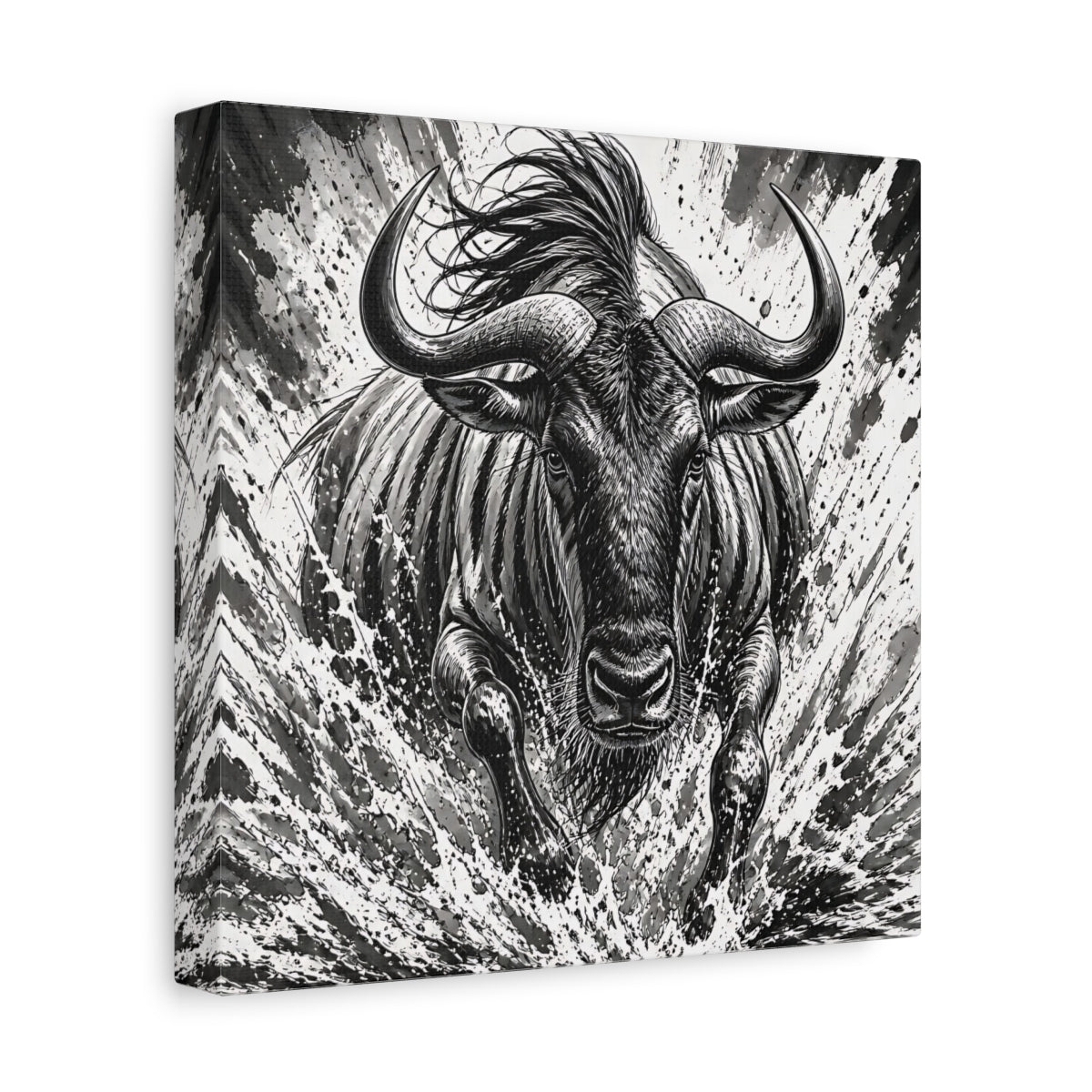 Side Mockup 9. Animal Charging Wildebeest shown as canvas print