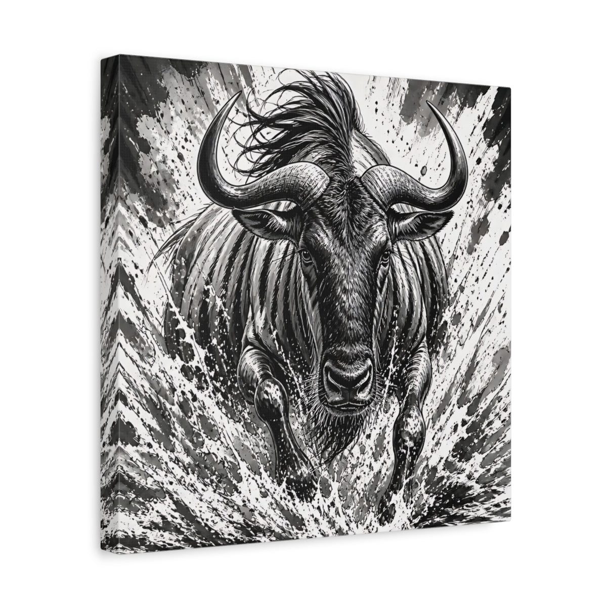 Side Mockup 7. Animal Charging Wildebeest shown as canvas print