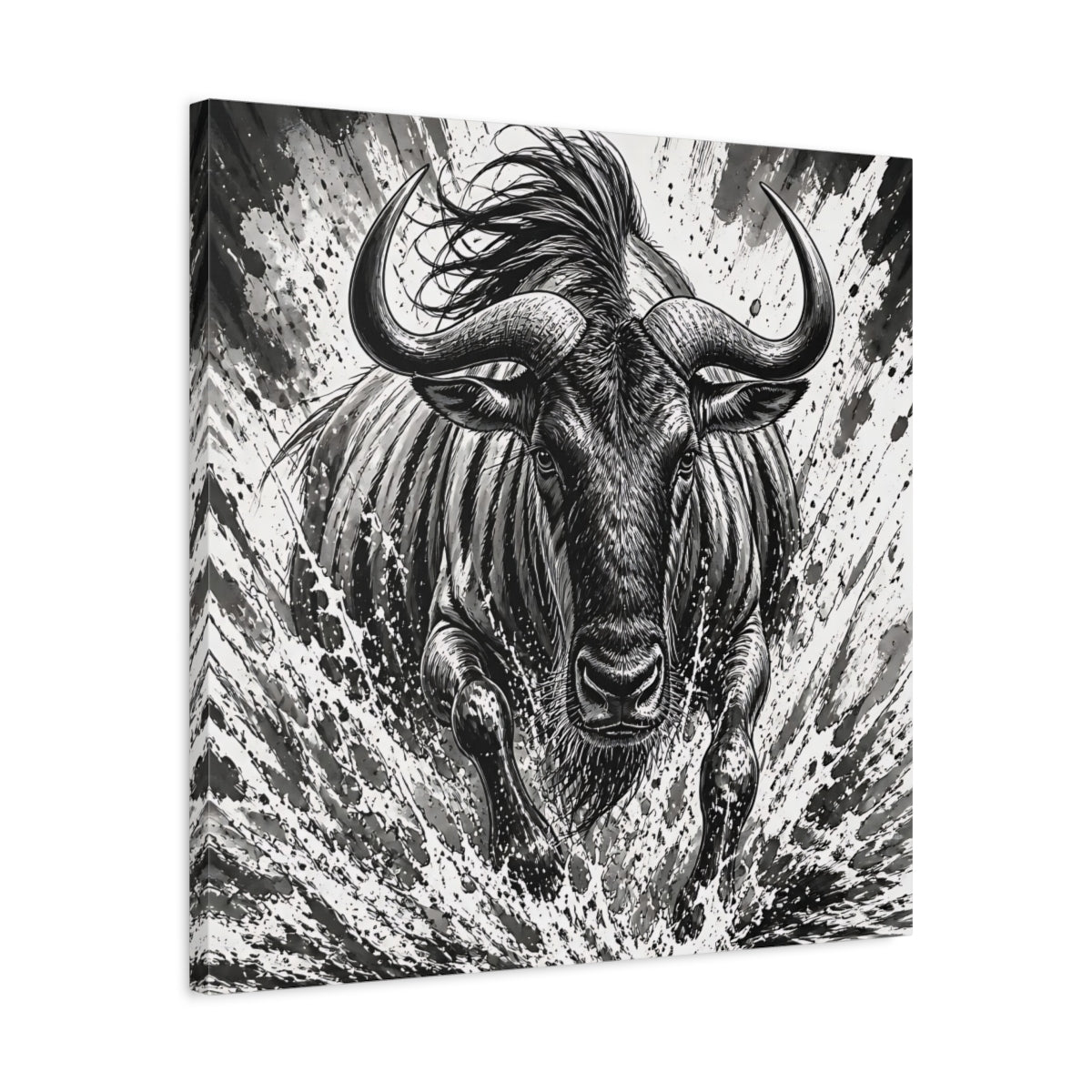 Side Mockup 4. Animal Charging Wildebeest shown as canvas print