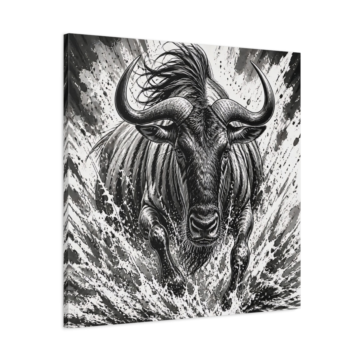 Side Mockup 3. Animal Charging Wildebeest shown as canvas print