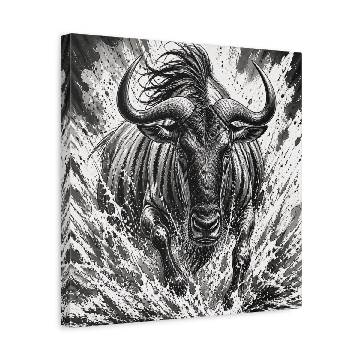 Side Mockup 6. Animal Charging Wildebeest shown as canvas print