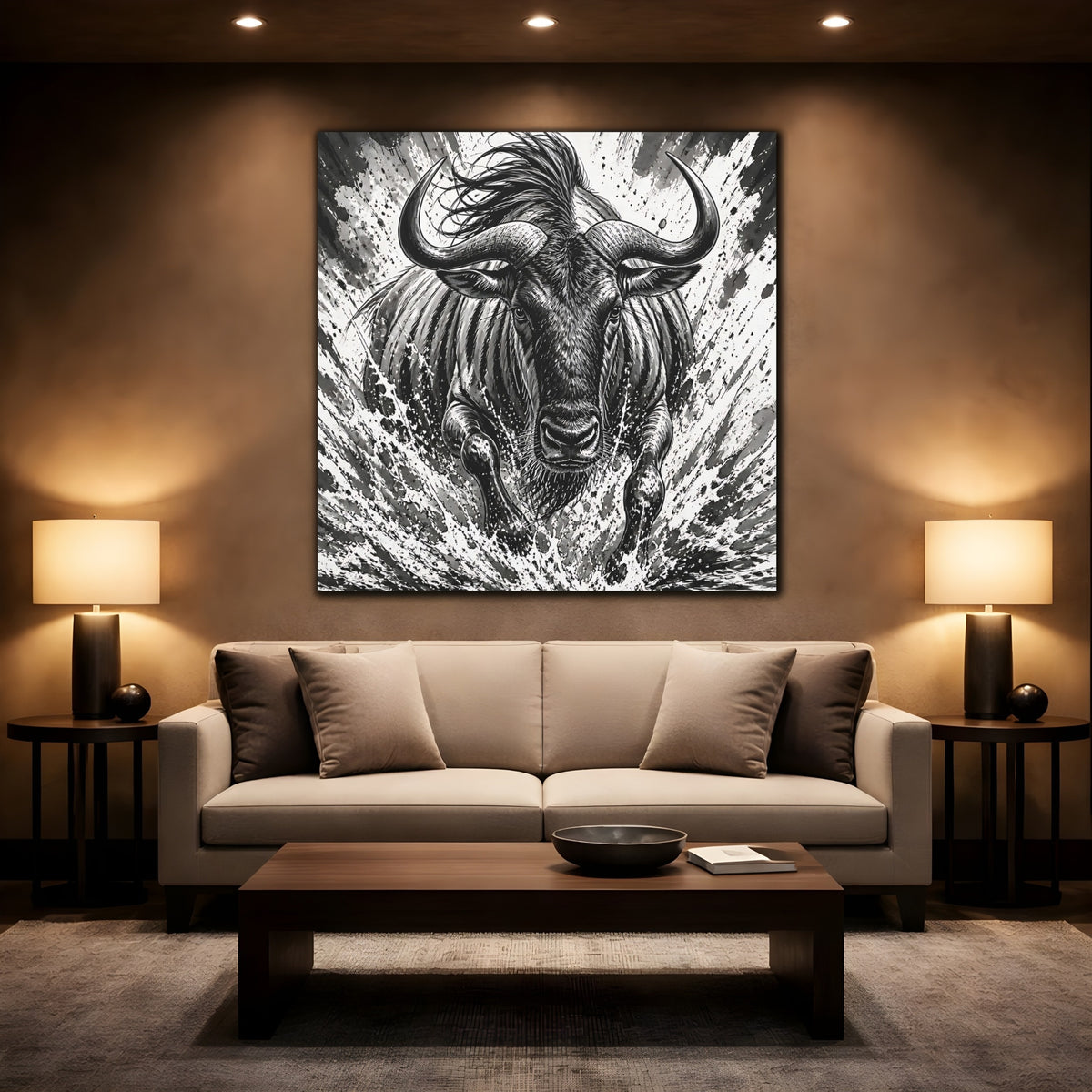 Mockup 2. Animal Charging Wildebeest shown as canvas print