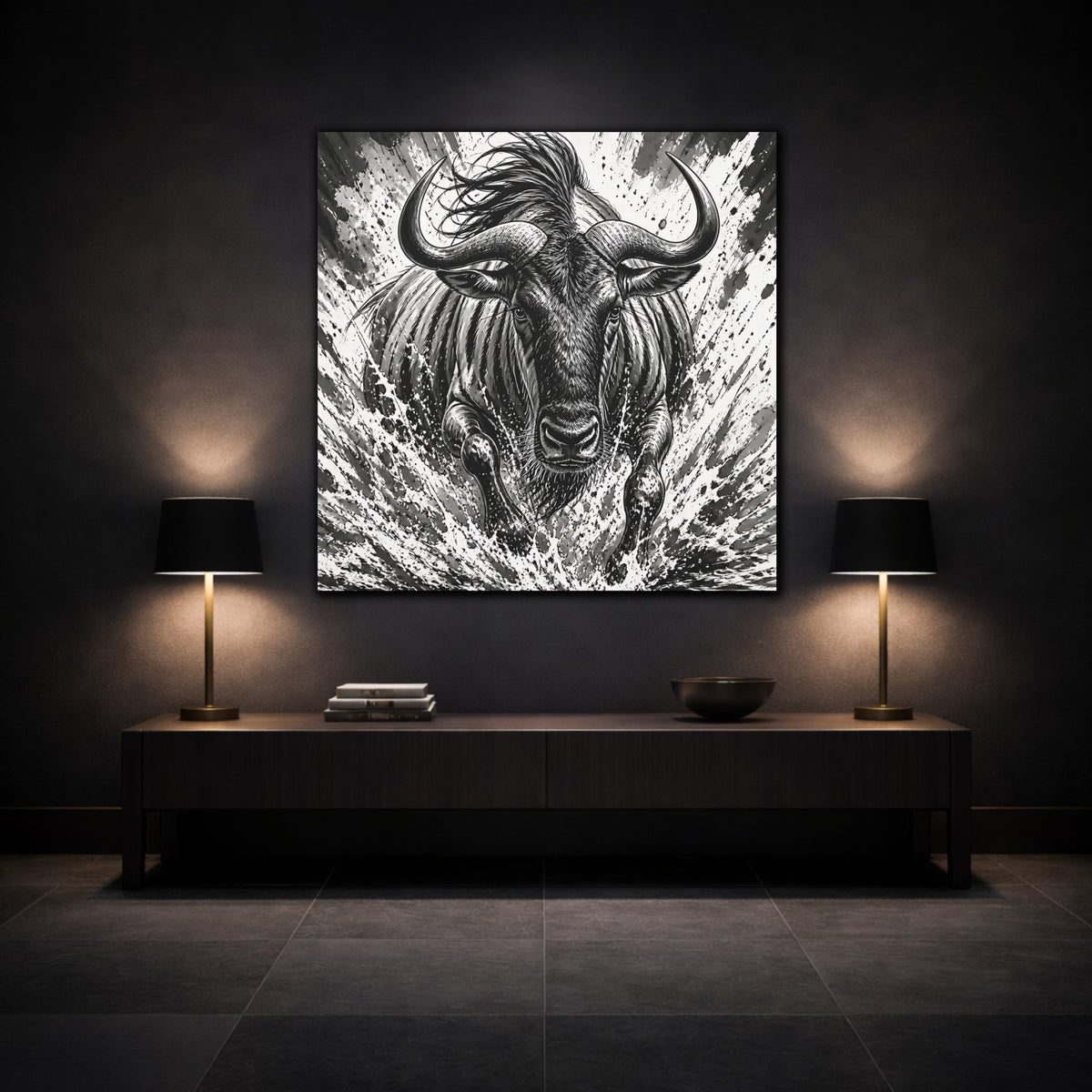 Mockup 3. Animal Charging Wildebeest shown as canvas print