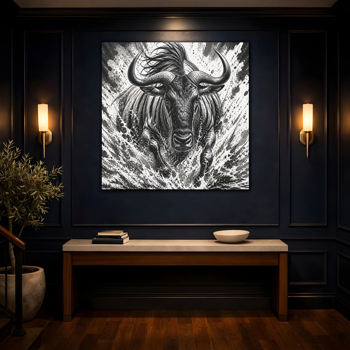 Mockup 4. Animal Charging Wildebeest shown as canvas print