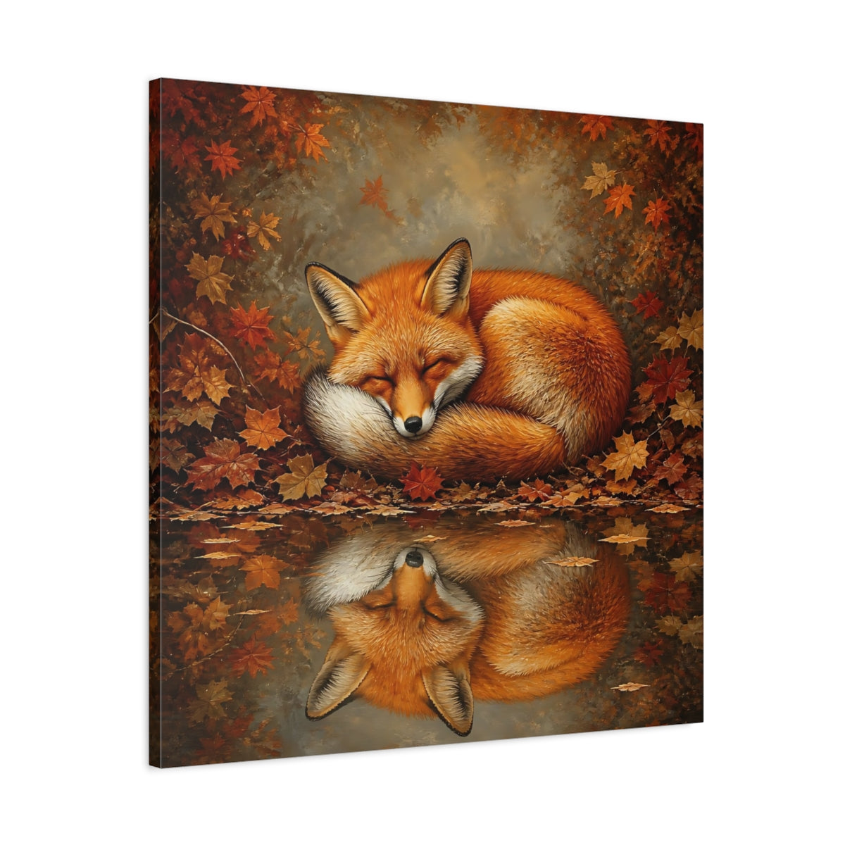 Side Mockup 3. Animal Curled Fox In Autumn shown as canvas print