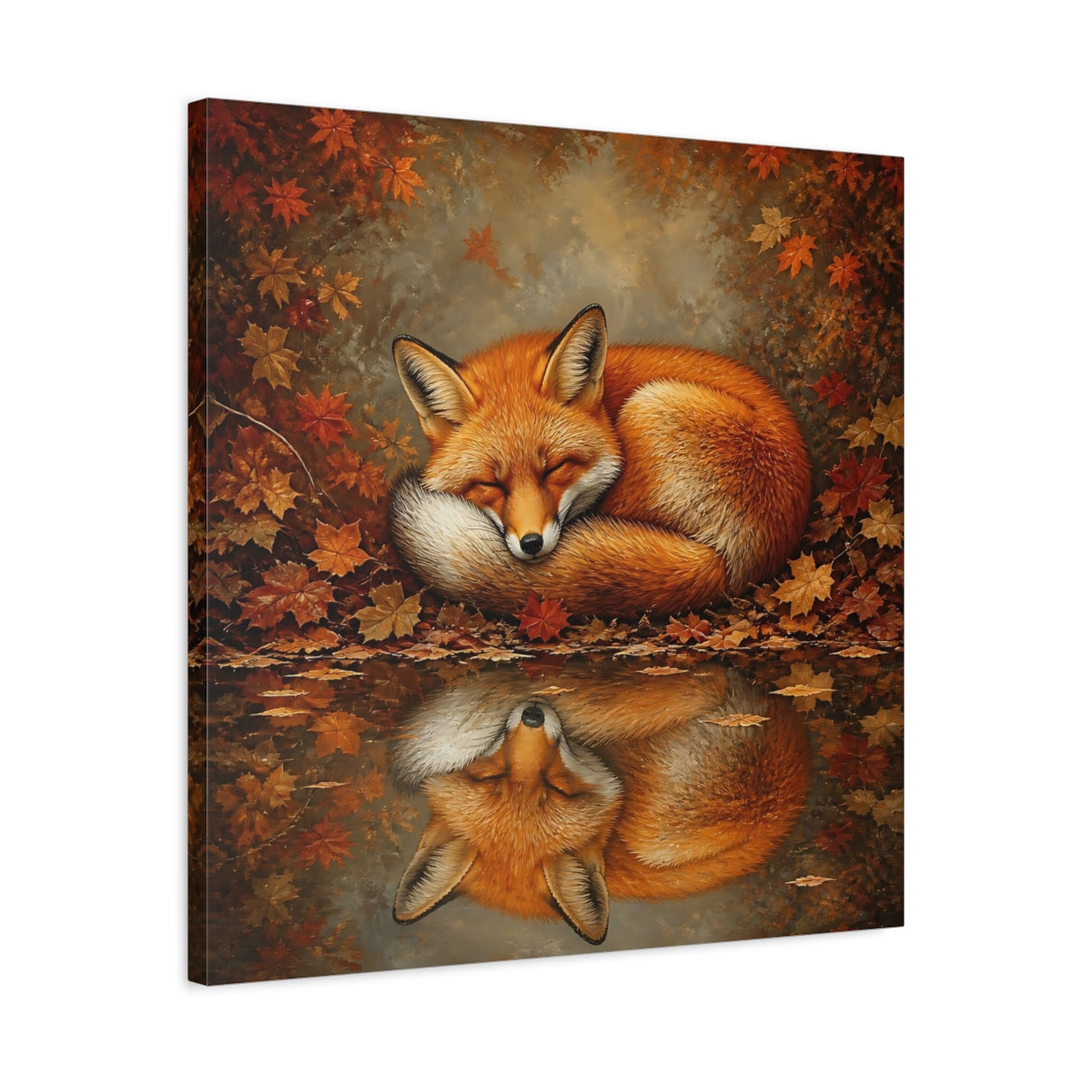 Side Mockup 4. Animal Curled Fox In Autumn shown as canvas print